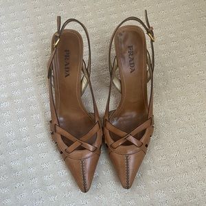 Prada Brown Leather Slingback Pumps Sz 38.5